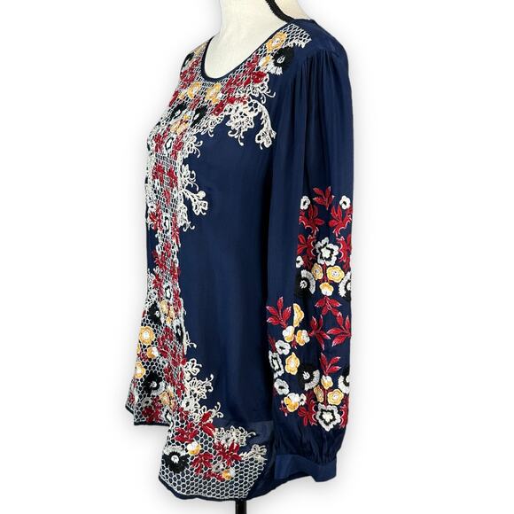 Micky London Boho Floral Embroidered Blouse Top Scoop Neck Navy Blue Medium - Picture 2 of 6